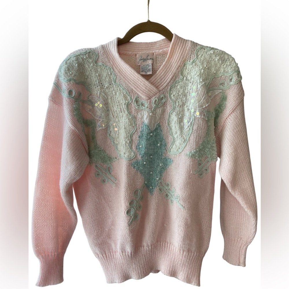 Jaclyn Smith Vintage 80s Glam Frilly Funky Pink V-Neck Sweater / Size M